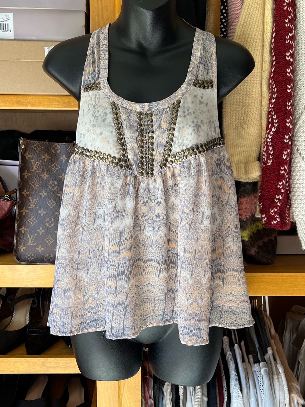 ECOTE Women’s Beaded Sleeveless Printed Tank Top - Neutral